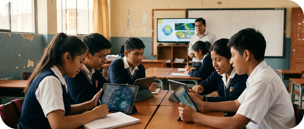 Students using tablets in a low-resource Latin American classroom